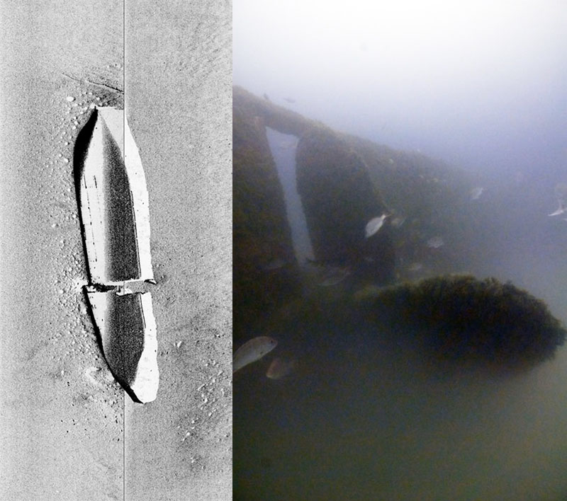 A shipwreck in 80 feet of water in the northwestern Gulf of Mexico was imaged using side-scan sonar (left); photographs taken by divers of the same wreck were obscured by lack of light and sediment in the water column (right).