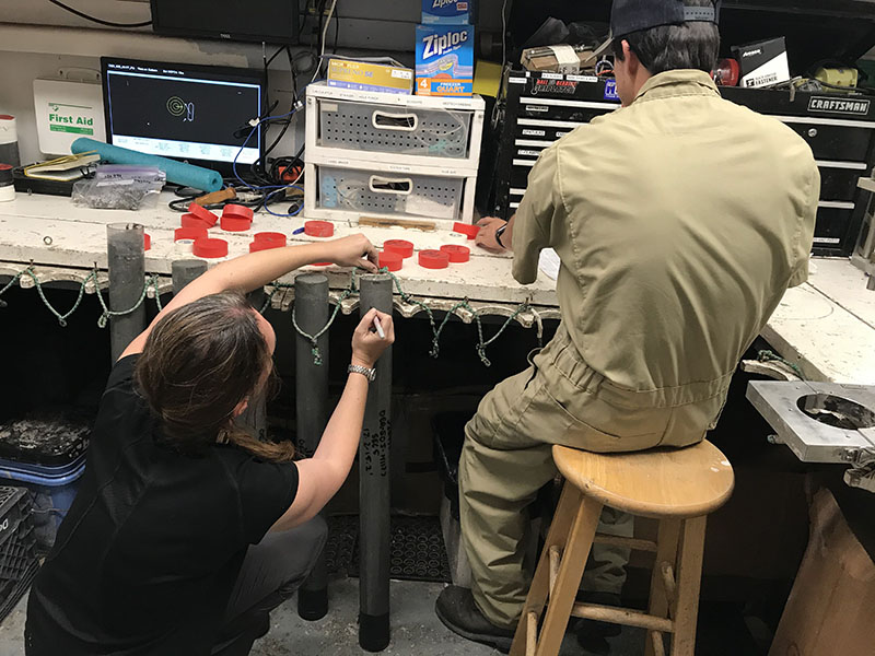 Dr. Amanda Evans in the ship’s lab writing field notes on each core sample.