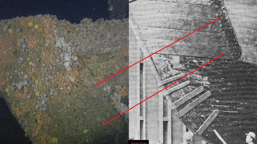Port bow of the “unidentified wreck” imaged in 2021 on the left showing similar sheathing patterns to the historic image of U.S. Revenue Cutter Bear while in dry dock in 1925.