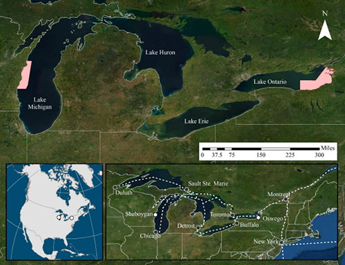 ap showing the Wisconsin Shipwreck Coast National Marine Sanctuary in Lake Michigan and the proposed Lake Ontario National Marine Sanctuary in Lake Ontario, which were surveyed during the Maritime Heritage in America’s Inland Seas expedition.