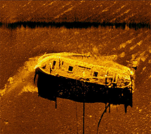 The historic vessel Onondaga as seen in side-scan sonar data collected by an autonomous underwater vehicle Maritime Heritage in America’s Inland Seas expedition.