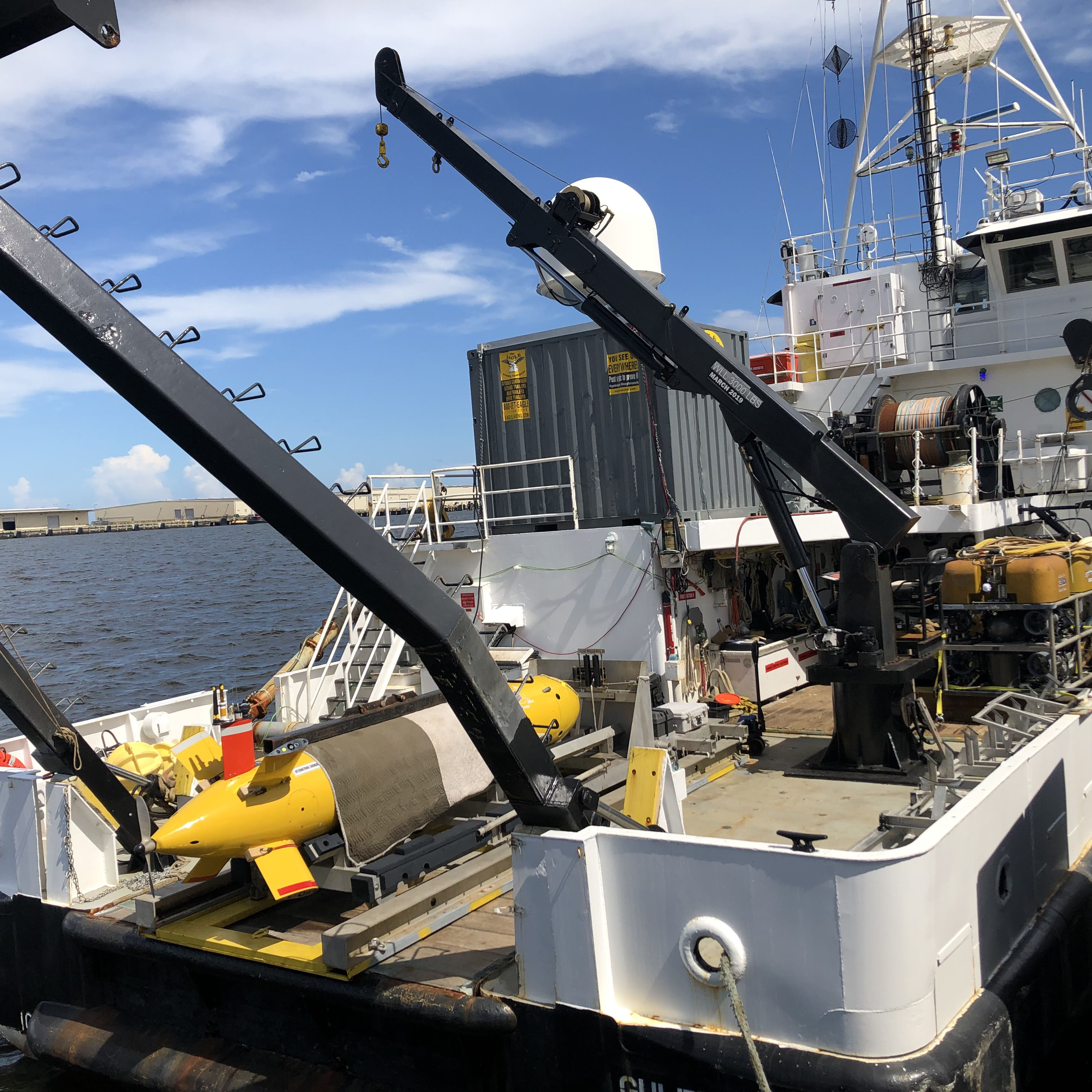 Autonomous underwater vehicle Eagle Ray on the back deck of the University of Southern Mississippi’s Research Vessel Point Sur during the August 2021 search for SS Norlindo. During the January-February search, the team will once again deploy Eagle Ray to collect bathymetry and backscatter data to identify potential targets to later explore using a remotely operated vehicle.