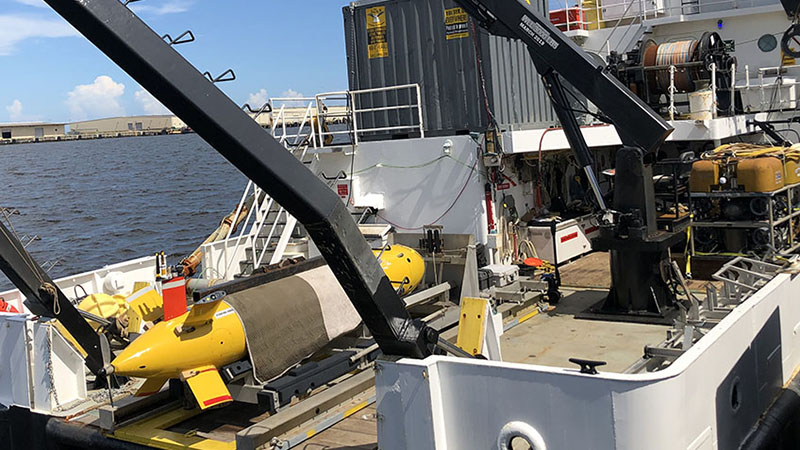 Autonomous underwater vehicle Eagle Ray on the back deck of the University of Southern Mississippi’s Research Vessel Point Sur during the August 2021 search for SS Norlindo. During the January-February search, the team will once again deploy Eagle Ray to collect bathymetry and backscatter data to identify potential targets to later explore using a remotely operated vehicle.