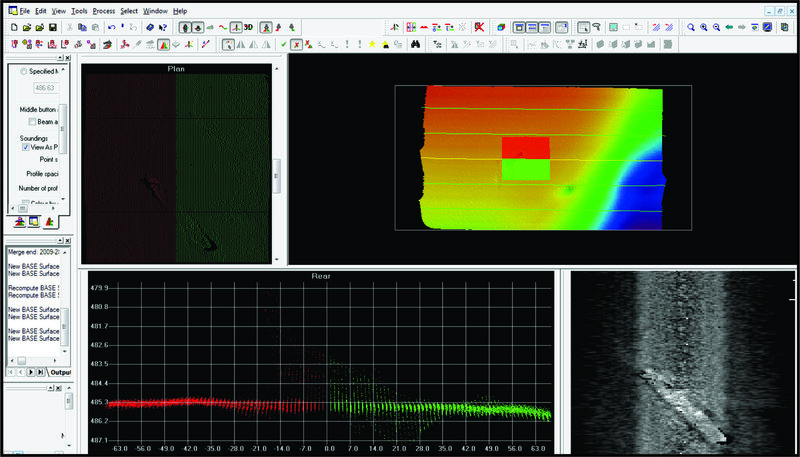 Figure 2: MBES data can be seen in multiple fashions such as: cloud points from different views (upper and lower left panels); color coded surface (upper right) and backscatter imagery (lower right). The example refers to a shipwreck found by the Eagle Ray during an exploratory mission at Viosca Knoll 821.
