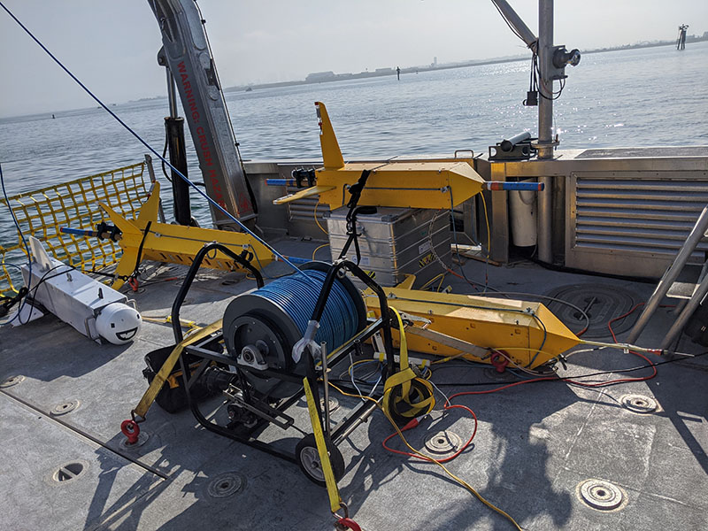 The controlled source electromagnetic technology (CSEM) system that will be used during the Paleolandscapes, Paleoecology, and Cultural Heritage on the Southern California Continental Shelf expedition ready to be deployed. This is a modified version called CUESI (Compact Undersea Electromagnetic Source Instrument). This system is deep towed rather than surface towed, which is typical for CSEM instrumentation. Both system types will be used on this project. CUESI was designed and developed by a team at the Scripps EM Laboratory that includes expedition team members Steven Constable and Roslynn King. CUESI development was partially funded by the National Center for Preservation Technology and Training.