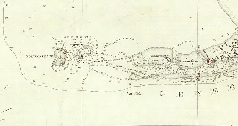 Detail of an 1827 chart by George Gauld and Edmund Blunt accurately depicting the “Quicksands.”