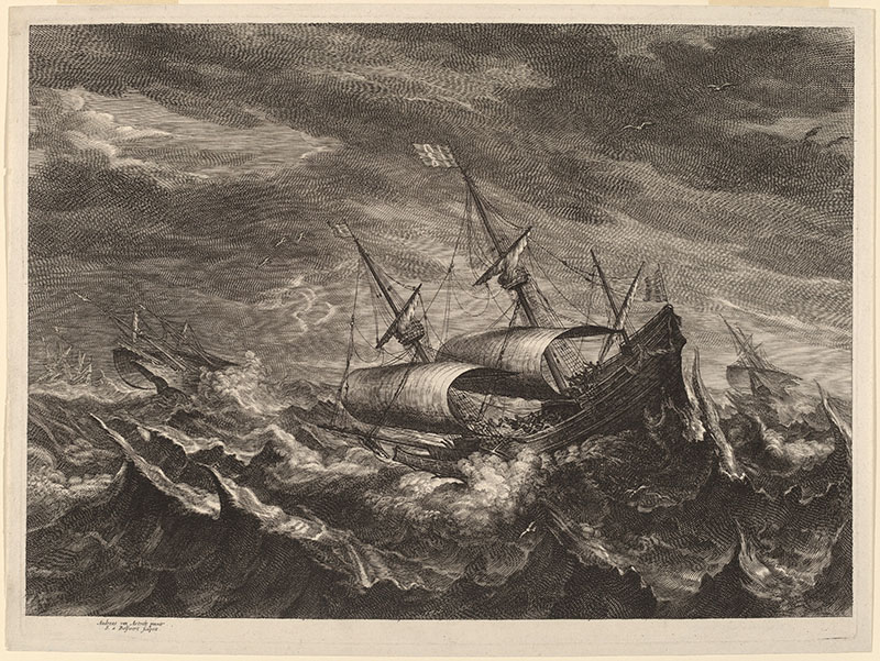 Seventeenth century vessels caught in a tempest.
