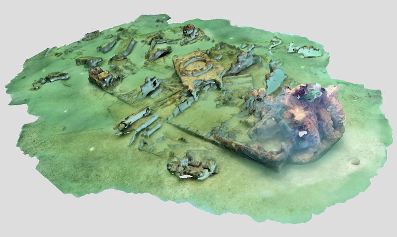 This 3D model, available on the University of Miami’s Underwater Archaeology Sketchfab website, shows the stern of what is believed to be a landing craft shipwreck located in the Quicksands area of Florida Keys National Marine Sanctuary.