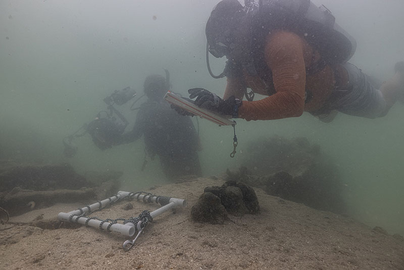 UM ecologist Evan D’Alessandro conducts a marine life census on a shipwreck.