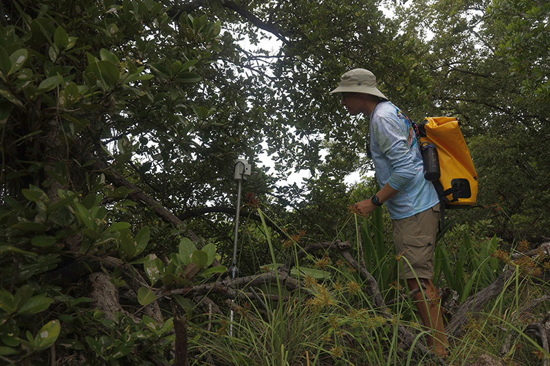 NOAA archaeologist Matthew Lawrence deploying the magnetometer base station on the Marquesas Keys.