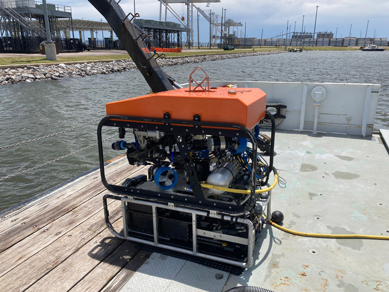Remotely operated vehicle Mohawk on deck in port as it is prepped to explore and collect benthic organisms of interest for biotechnology development in the Gulf of Mexico as part of the Exploring the Blue Economy Biotechnology Potential of Deepwater Habitats expedition.