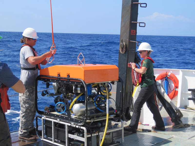 The team from the University of North Carolina Wilimington’s Undersea Vehicle Program prepares remotely operated vehicle Mohawk for the first dive on the Exploring the Blue Economy Biotechnology Potential of Deepwater Habitats expedition.