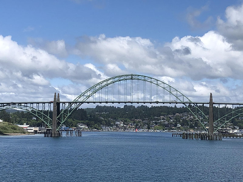 The bridge to Newport, Oregon, as seen from the bow Research Vessel Thomas G. Thompson at the conclusion of the Escanaba Trough: Exploring the Seafloor and Oceanic Footprints expedition.