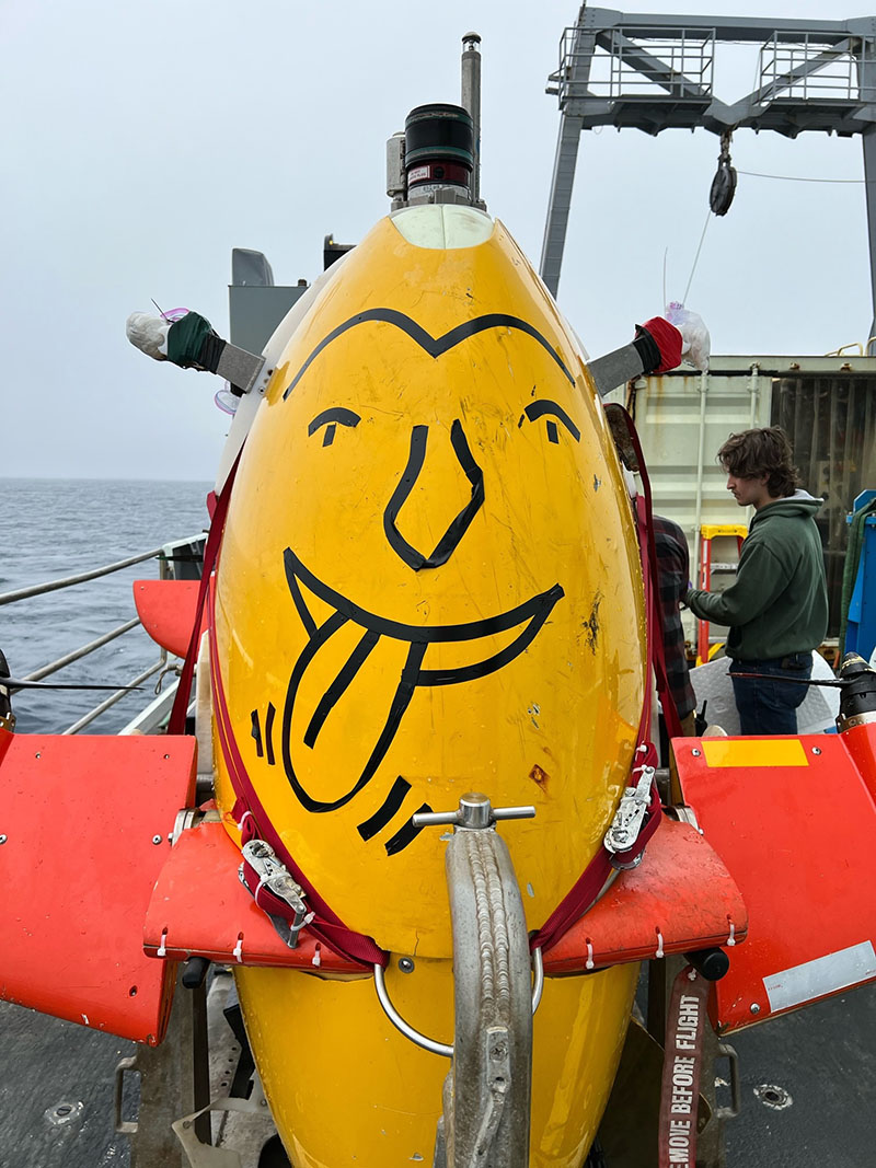 The front of autonomous underwater vehicle Sentry, complete with a mocking smile.