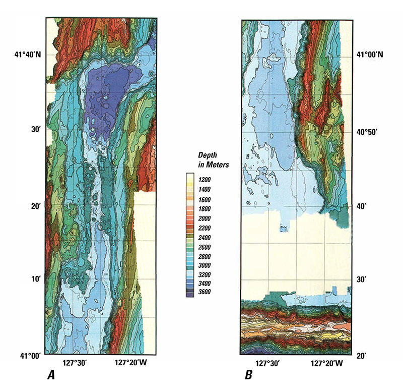Sea Beam bathymetric map of Escanaba Trough from 1985. A, Northern half. B, Southern half. Contour interval is 50 m; each color change represents 100 m. Yellow indicates areas of no data.