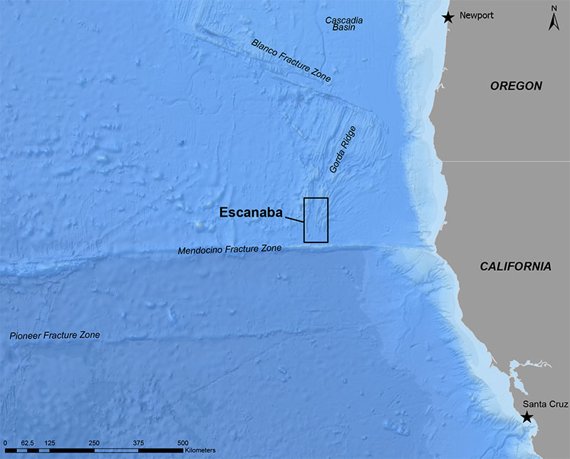 Map showing the location of the Escanaba Trough off the coast of California, the area targeted for exploration during the Escanaba Trough: Exploring the Seafloor and Oceanic Footprints expedition.