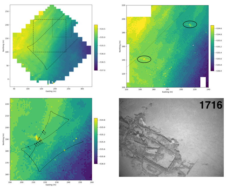 Bathymetry received acoustically over the course of HROV Nereid Under-Ice (NUI) dive 040 (top left). Final multibeam map at one meter resolution, showing NUI’s path for the two survey lines. The dashed rectangle indicates the region shown in the middle (bottom left) subfigure. The top right image is a zoom in on the multibeam map showing suspected locations of two wrecks, which are circled. The bottom left image shows vehicle track during a photo survey over the putative location of the wreck. Stars indicate the locations of camera images that were queued for transfer, several of which confirmed the presence of a wreck. The bottom right is an acoustically telemetered image showing the wreck.