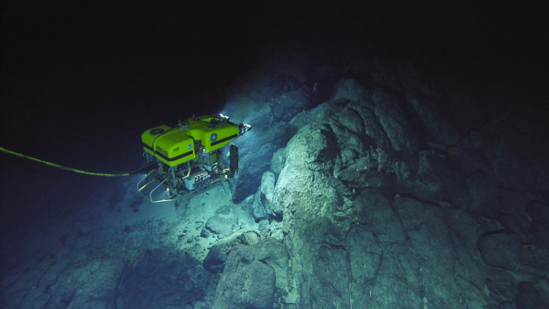 Ocean Exploration Trust’s remotely operated vehicle Hercules explores a series of crevasses during the 2021 Luʻuaeaahikiikapapakū - Ancient Volcanoes in Papahānaumokuākea Marine National Monument expedition. These crevasses may have formed when thick flows of lava cooled and contracted. Image courtesy of the Ocean Exploration Trust, NOAA.