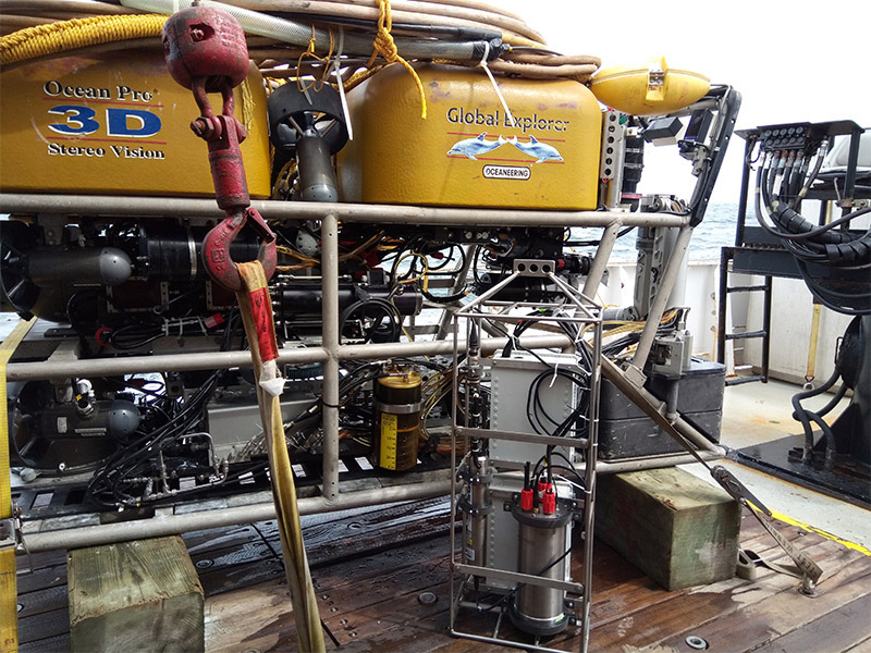 Remotely operated vehicle Global Explorer with the CHANnelized Optical System II (CHANOS II) package (center) used during the Exploration and Characterization of the Fine-Scale Physical-Biogeochemical Environment Over Deep Coral Reefs on the West Florida Slope Using Integrated Remotely Operated Vehicle-Lander-Sensor Systems expedition.