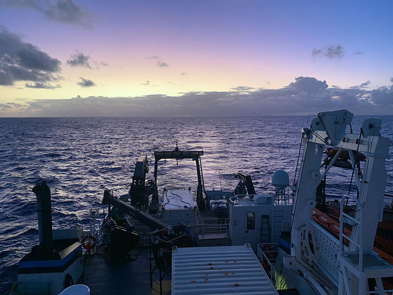 Sunrise on NOAA Ship Nancy Foster taken the morning of Dive 3 of the Illuminating Biodiversity in Deep Waters of Puerto Rico 2022 expedition on Whiting Bank, off the southeast coast of Puerto Rico. 