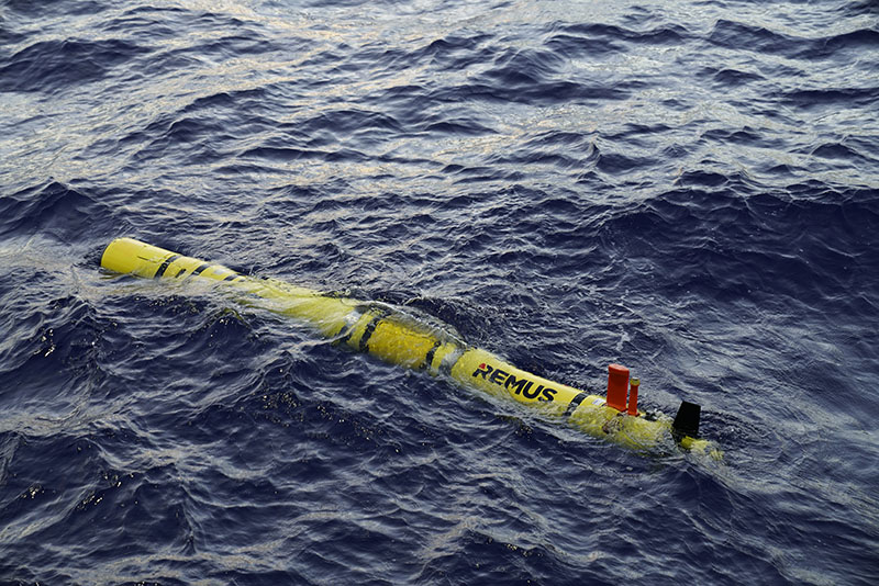 A REMUS 600 vehicle in the water immediately after deployment from Research Vessel Kilo Moana during the Deepwater Surveys of World War II U.S. Cultural Assets in the Saipan Channel expedition. The yellow color makes it easier to visually find the vehicle in the sea when ready for recovery. The REMUS 600 can reach depths as great as 600 meters (1,967 feet) with sensor payloads including side-scan sonar, multibeam sonar, and a low-light camera. The vehicle is autonomous and is programmed to run independently before deployment. It can communicate with researchers on board the ship through iridium satellite communications when at the surface and uses acoustics to communicate while at depth.