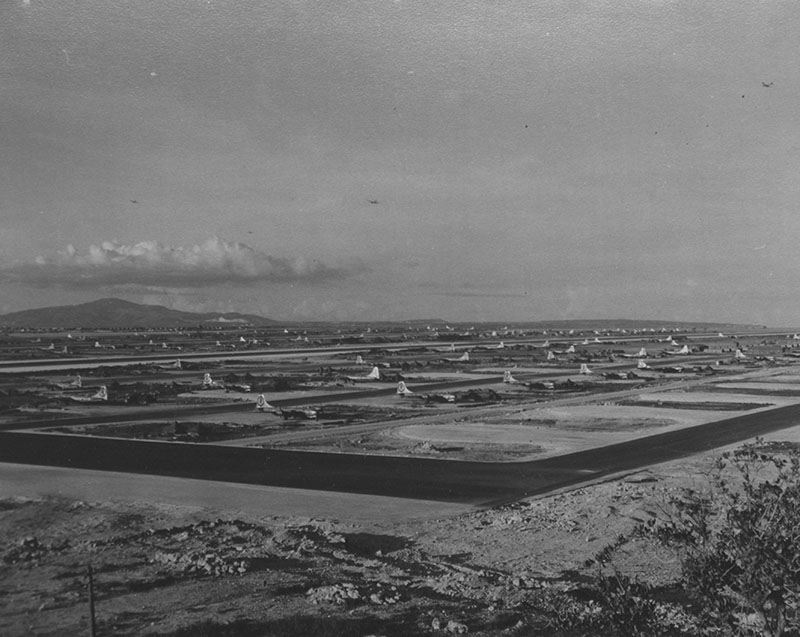 B-29s of the 313th Bomb Wing at North Field, Tinian. Through archaeological surveys, the Deepwater Surveys of World War II U.S. Cultural Assets in the Saipan Channel expedition team hopes to find the wreck sites of B-29s that crashed near Saipan and Tinian.