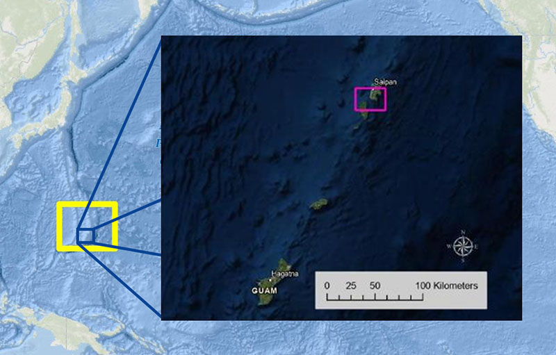 The proposed study region for the Deepwater Surveys of World War II U.S. Cultural Assets in the Saipan Channel expedition, in the waters of Tinian and Saipan, Commonwealth of the Northern Mariana Islands, is inside the yellow rectangle. Inset: All survey data during the expedition will be collected inside the region of the pink rectangle in waters between 100 and 600 meters (328 - 1,968 feet) depth.