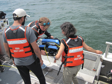 The team from Louisiana State University launches the remotely operated vehicle during the Machine Learning for Automated Detection of Shipwreck Sites from Large Area Robotic Surveys expedition.
