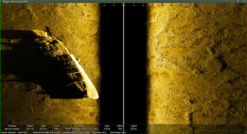 Side scan sonar image of the wreck of SS Monrovia collected using Michigan Technological University's autonomous underwater vehicle Iver 3 during the Machine Learning for Automated Detection of Shipwreck Sites from Large Area Robotic Surveys expedition. Monrovia sunk just outside of Lake Huron’s Thunder Bay in 1959.