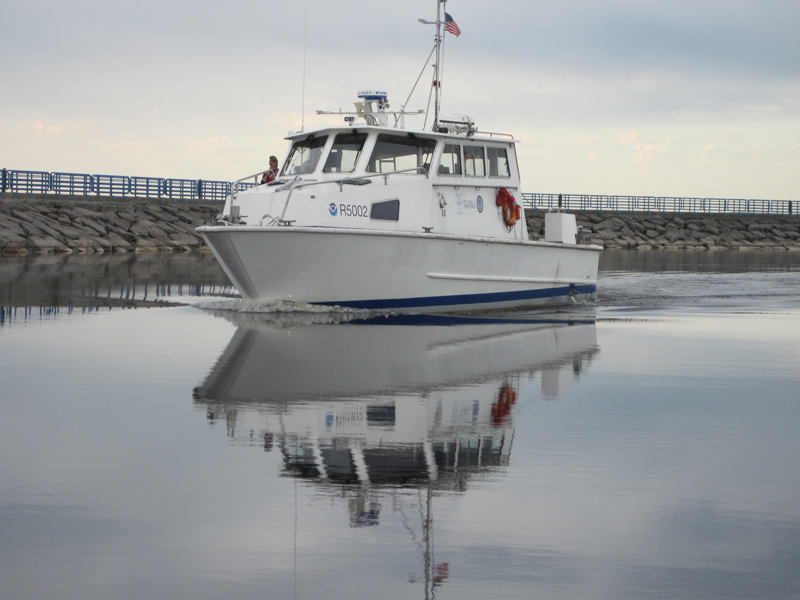 NOAA Research Vessel Storm departing after a very successful two weeks supporting the Machine Learning for Automated Detection of Shipwreck Sites from Large Area Robotic Surveys expedition.