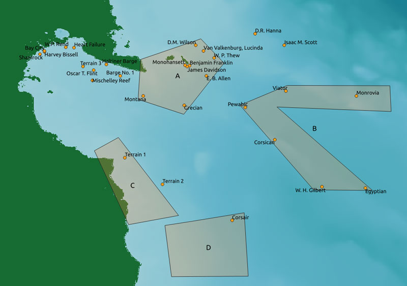Figure 1: Map of survey regions A, B, C, and D, where C and D are exploratory areas. Shipwreck sites and exploratory sites from year 1 and year 2 are displayed.