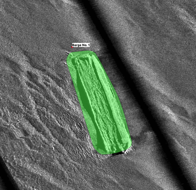 Figure 2: Georeferenced side-scan sonar image of Barge No. 1 and the shipwreck detection model prediction polygon (in green).