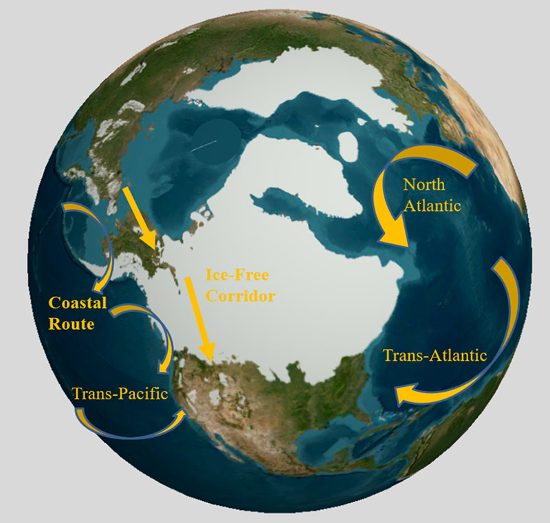 Figure 1: These are five potential routes people may have used to reach the North American continent.