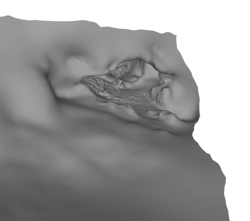 Initial 3D sonar map views of front (left) and cross-section (right) of a cave entered, explored and mapped by SUNFISH. The cave entrance is approximately 9 m from floor to ceiling. Post-processing of the 3D sonar and camera data from SUNFISH and the lower-resolution surface survey from 2022 is underway.