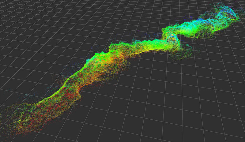 A three-dimensional map of an underwater cave created by SUNFISH® autonomous underwater vehicle as it explored with its multibeam sonar.