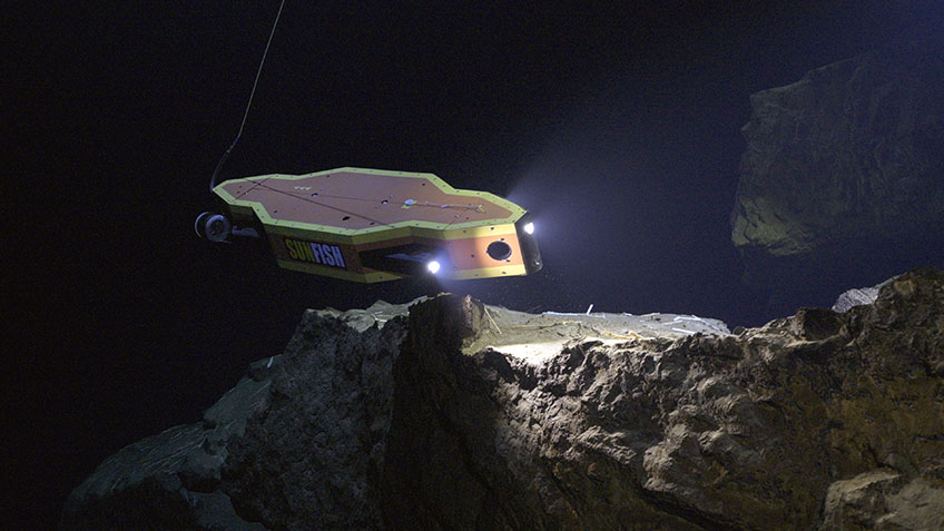 SUNFISH® hovering autonomous underwater vehicle (HAUV) can explore complex underwater terrain like the submerged caves the team is searching for as part of the Our Submerged Past project.