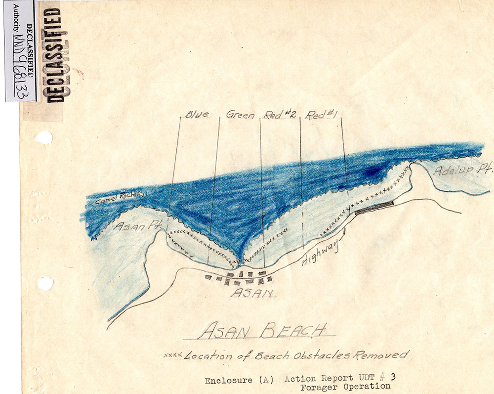 Hand-drawn historic map found in the records of Underwater Demolition Team (UDT) #3 that indicate the locations of obstacles placed by Japanese forces that were removed by UDT #3 at Asan Beach. The small Xs in the light blue area indicate an obstacle.