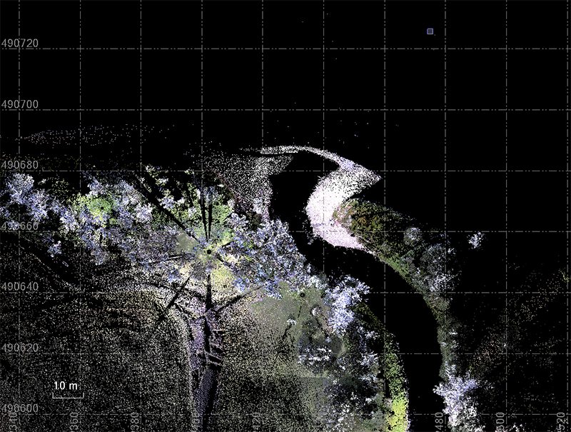 Point cloud data collected with a Trimble SX10 total scanning station of the mouth of Guam’s Asan River in February 2023 (left) and June 2023 (right). Comparison of the two datasets shows that the river has been redirected eastward and a delta has formed at its mouth as a result of Typhoon Mawar.