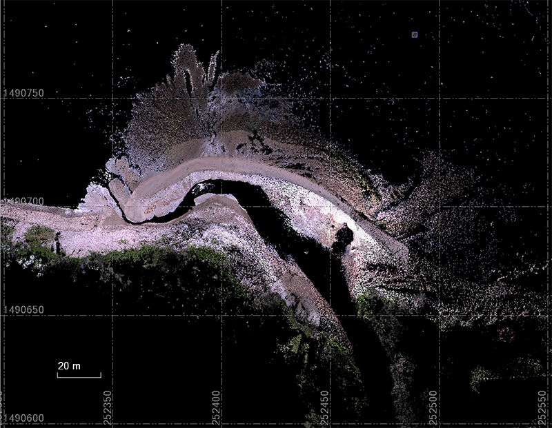 Point cloud data collected with a Trimble SX10 total scanning station of the mouth of Guam’s Asan River in February 2023 (left) and June 2023 (right). Comparison of the two datasets shows that the river has been redirected eastward and a delta has formed at its mouth as a result of Typhoon Mawar.