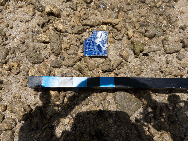 A piece of broken Japanese pottery found during the walking survey inside the barrier reef at Asan Beach (with scale bar to show size).