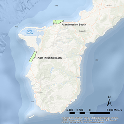 The project study areas for Guam: A Biogeographic and Maritime Cultural Landscape Exploration of a World War II Amphibious Battlefield are the landing beaches of Asan and Agat, shown here.