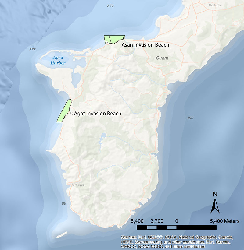 The project study areas for Guam: A Biogeographic and Maritime Cultural Landscape Exploration of a World War II Amphibious Battlefield are the landing beaches of Asan and Agat, shown here.