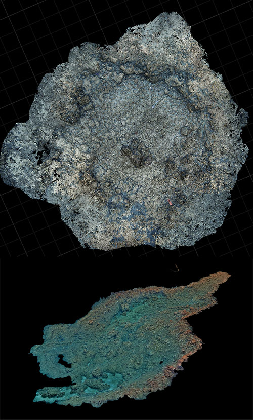 Orthomosaics showing a crater created by a U.S. underwater demolition team (UDT) blast to remove a Japanese obstacle on the reef flats of Asan Beach (top) and a blasting area created by UDTs off Agat Beach to land tank landing ships (LSTs) (bottom).