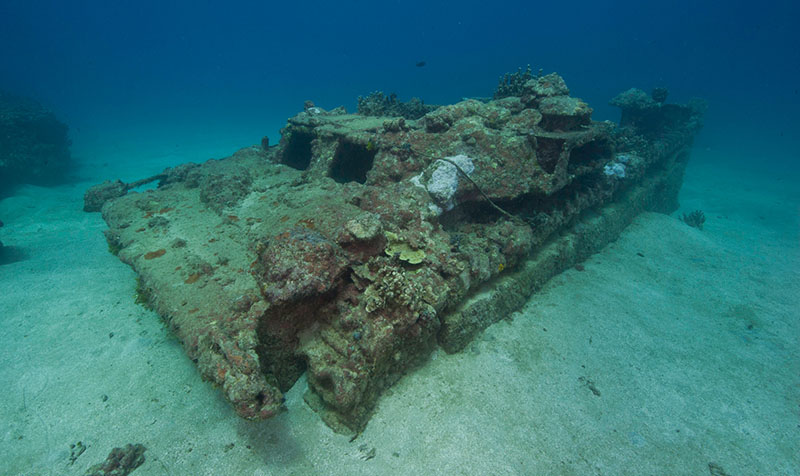 This Amtrac amphibious tractor is submerged beneath about 50 feet of water within the Agat Unit of War in the Pacific National Historical Park and is one of few currently known underwater relics from the battle.