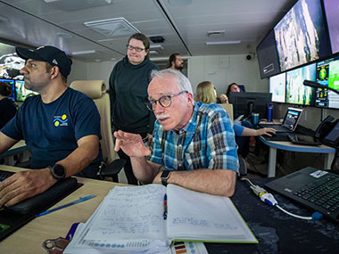 Scientists in the control room during the In Search of Hydrothermal Lost Cities expedition.