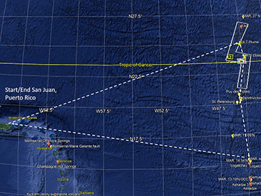 Proposed track for the In Search of Hydrothermal Lost Cities expedition. The primary target areas are a non-transform offset of the Mid-Atlantic Ridge near 24.7°N, the east ridge-transform intersection of the Kane Fracture Zone, two hydrothermal fields on the Mid-Atlantic Ridge, and the east ridge-transform intersection of the Fifteen-Twenty Fracture Zone.