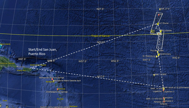 Proposed track for the In Search of Hydrothermal Lost Cities expedition. The primary target areas are a non-transform offset of the Mid-Atlantic Ridge near 24.7°N, the east ridge-transform intersection of the Kane Fracture Zone, two hydrothermal fields on the Mid-Atlantic Ridge, and the east ridge-transform intersection of the Fifteen-Twenty Fracture Zone.