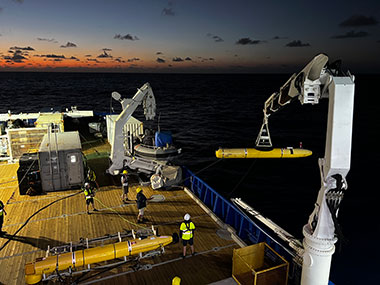 Night-time launch of an autonomous underwater vehicle used to map the seafloor in high resolution and detect signs of hydrothermal activity during the In Search of Hydrothermal Lost Cities expedition.