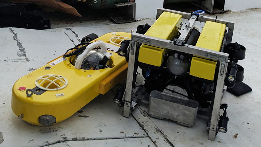 Low-cost underwater robots for deepwater exploration: DROPSphere autonomous underwater vehicle (left) and Bruce hybrid remotely operated vehicle/autonomous underwater vehicle (right).