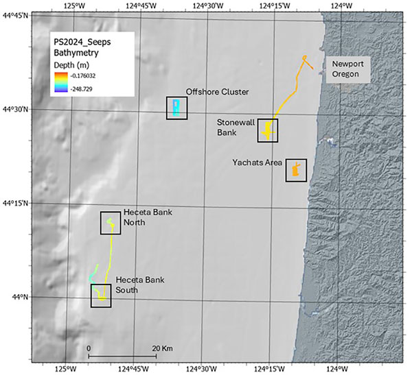 Bathymetric map of the ocean floor near Newport, Oregon, showing labeled areas: Offshore Cluster, Stonewall Bank, Yachats Area, Heceta Bank North, and South.